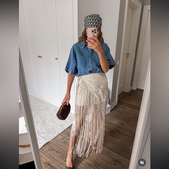 ZARA EMBROIDERED FRINGED WRAP SKIRT - Picture 1 of 17